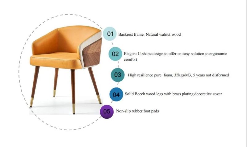 Zode Wholesale Modern Nordic Luxury Leather Brown Armrest Wood Legs Leisure Specific Use Designer Dining Chair