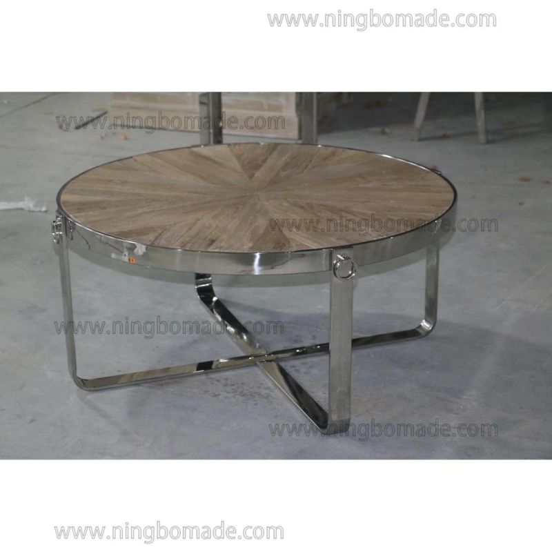 Classic Chic Eco-Friendly Paint Furniture Natural Reclaimed Elm Top Shining Stainless Steel Base Round Coffee Table
