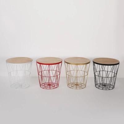 Coffee MDF Top Wire Storage Baskets Round End Side Table
