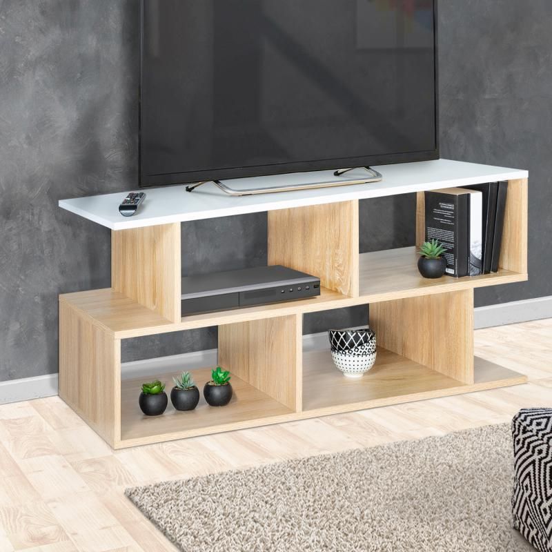 Simple Beech Wood and White Countertop TV Cabinet 0378
