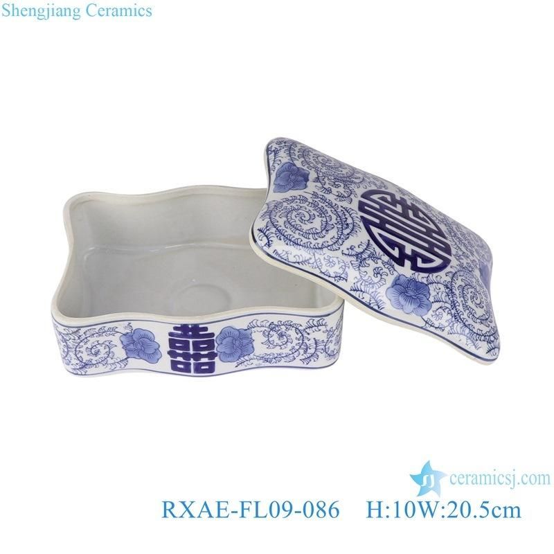 Rxae-FL09-086 Blue and White Rectangular Flower Mouth Happy Pattern Cashew Box Candy Box