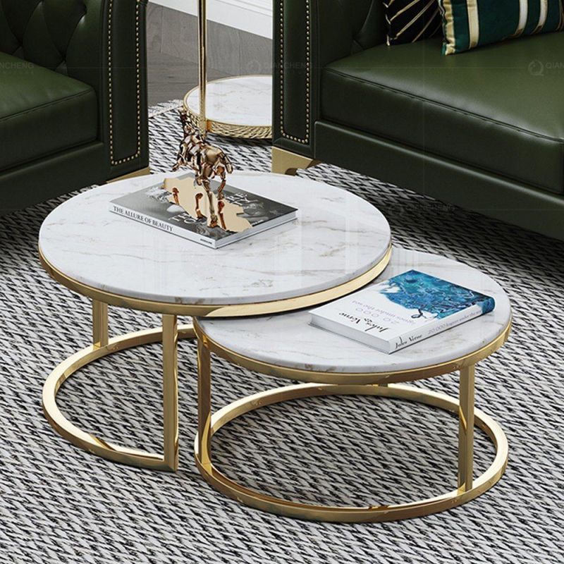 2 Pieces Separated Gold Stainless Steel Base Marble Coffee Table