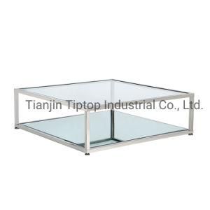 Collection Clear Glass Coffee Table with Shelves and Stainless Steel Frame Coffee Tables