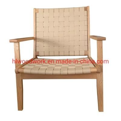 Saddle Chair Fabric Strip Woven with Arm, Outdoor Chair Armchair Living Room Sofa Outdoor Sofa Brown Ashwood Frame with Fabric Strip