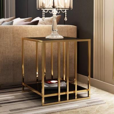 Black Tempered Glass Table Top Gold Leg End Side Table