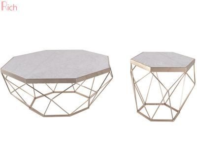Living Room White Marble Coffee Side Table Small Size Metal Golden Frame Hexagon Shape