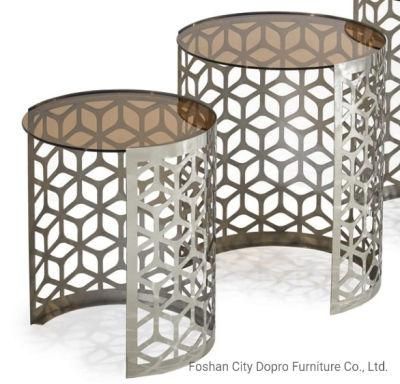 Simple Style Openwork Stainless Steel End Table with Glass Top