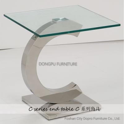 Minimalist Design C-Shaped Stainless Steel Bottom Post Glass Side Table