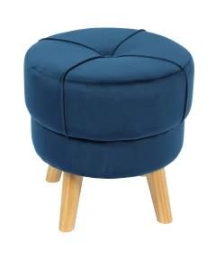 Knobby Blue Velvet Footrest Ottoman Pouf with Wooden Legs