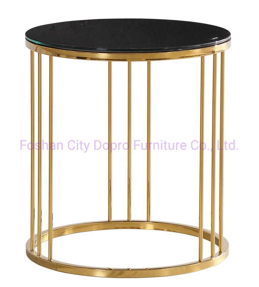 Simple Style Antique Home Stainless Steel Golden End Table with Black Glass