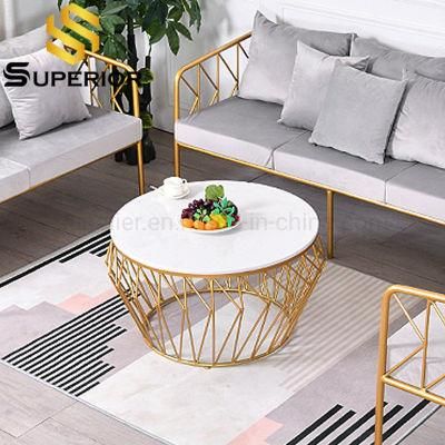 Home Modern White Marble Gold Metal Coffee Table Round