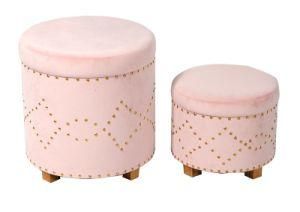 Knobby Round Velvet Storage Ottoman Stool Set with Rivets