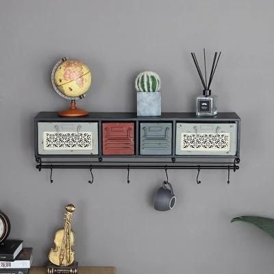 Vintage Metal Mesh Storage Hook Living Room Floating Wall Mounted Shelf with Drawer