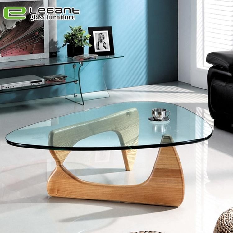 Clear Bent Glass Coffee Table with Wood Veneer Shelf