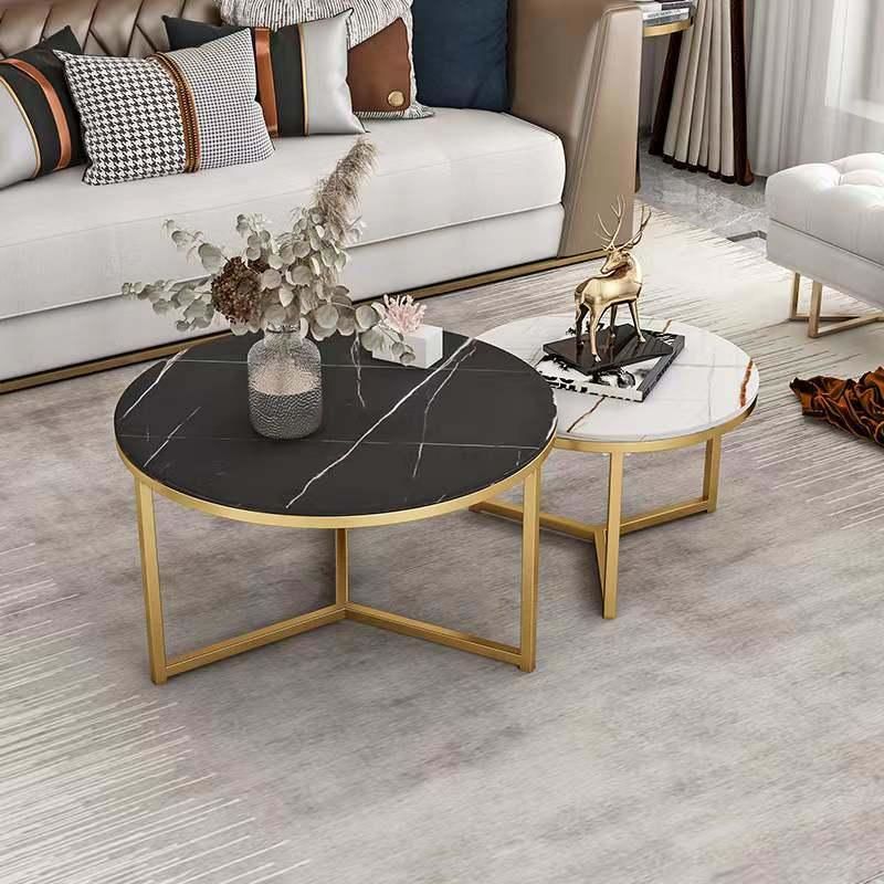 Contemporary Round Nesting Coffee Table Gold Metal Frame with MDF Top