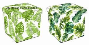 Tropical Greenery Leaf Design Square Cube PU Leather and Wooden Folding Storage Seat Ottoman Stool