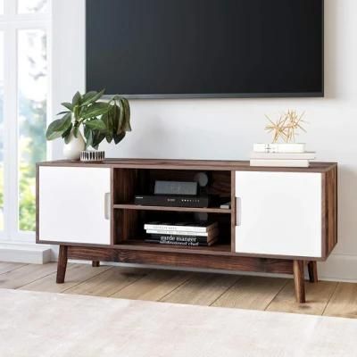 White&Walnut Brown TV Stand Desk with Cabinet Doors