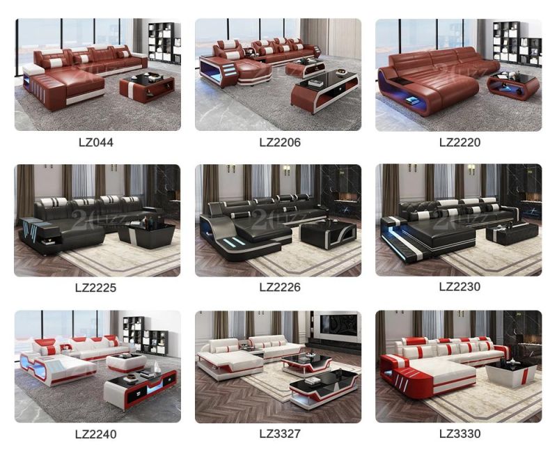 European Style Modern Design Home Furniture Leather Sectional LED Sofa with USB Charger & Bluetooth Speaker
