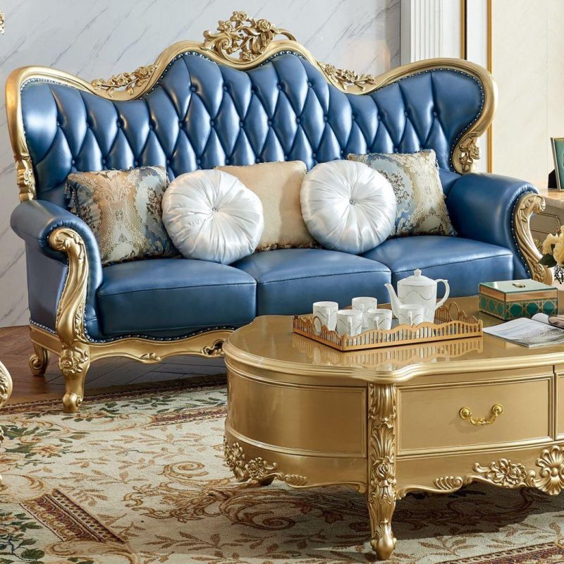 Wood Carved Luxury Leather Sofa for Living Room Furniture