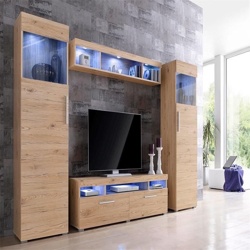 Custom Modern LED Light Brown Wood TV Stand with 2 Large Cabinets