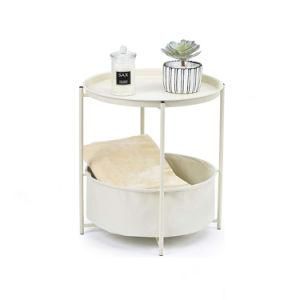 Metal Nightstand Coffee Round Table with Detachable Tray Top and Fabric Storage Basket