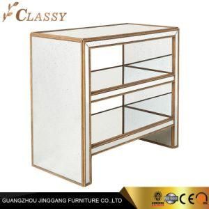 Hotel Bedroom Mirrored Glass Side Table Drawers Shelves with Gold Painted Wood Edged