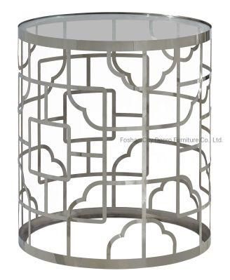 Multi-Style Laser Pattern Stainless Steel Side Table with Glass Top Fa11