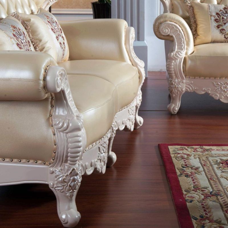 Wood Leather Sofa with Glass Coffee Table for Home Furniture