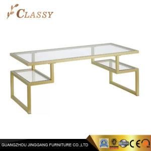 Luxury Hotel Golden Steel Frame Glass Top Console Table with Metal Legs