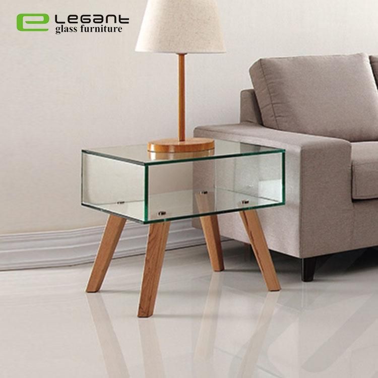 Living Room Modern Glass Small Side Table with Wood Leg