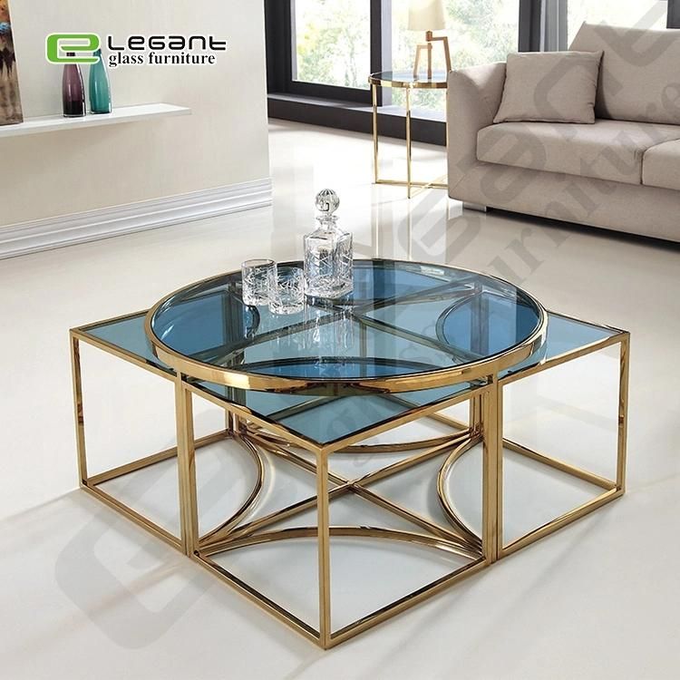 6mm Blue Tempered Round Glass Nesting Table / Side Table