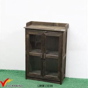 Cottage Chic Glass Doors Small Antique Wooden Cabinet Brown