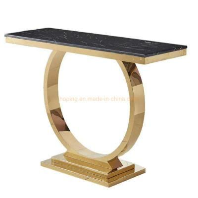 Modern Golden Stainless Steel Console Table with Black Tempered Glass Top O Letter Decors Hotel Table