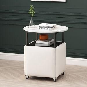 Marble Round Coffee Table Black Wooden Tabletop Metal Frame with Four Blue Leather Surface Stools Magic Cube Tea Table