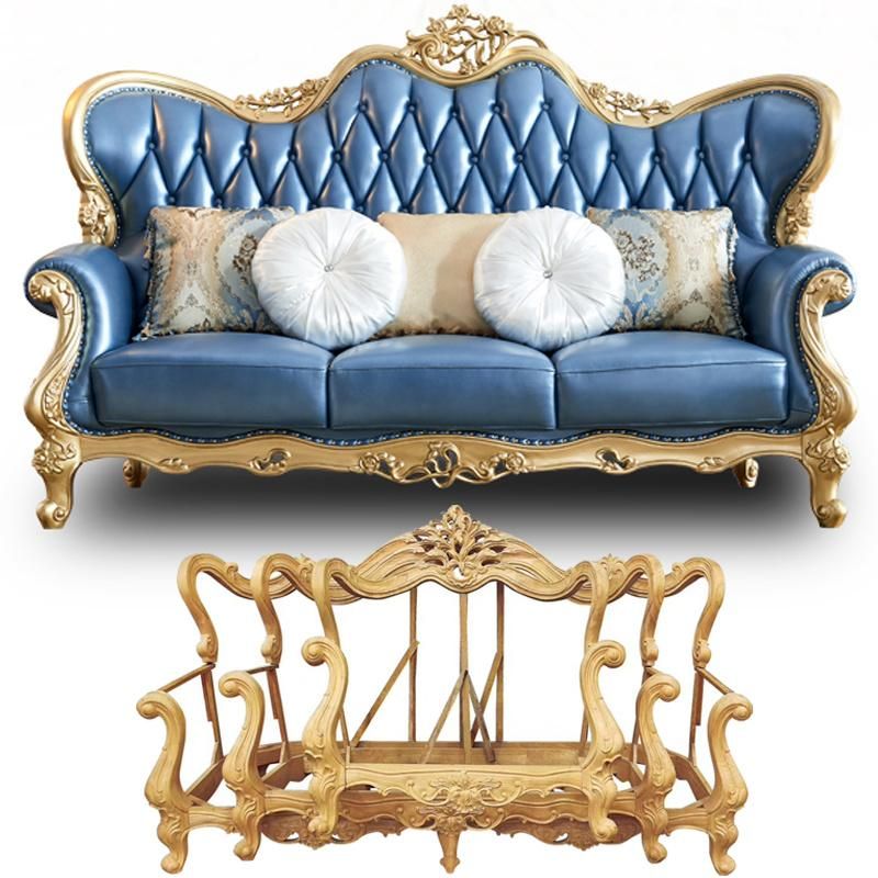 Wood Carved Luxury Leather Sofa for Living Room Furniture