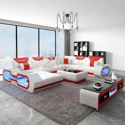 Fashion Home Furniture Living Room LED U Shape Genuine Leather Corner Sofa