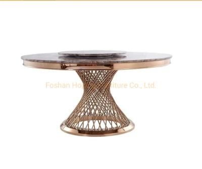 Chinese Marble Metal Dining Table Luxury Home Steel Base Plate Rose Gold Round Glass Coffee Table 6 Seater Restaurant Table