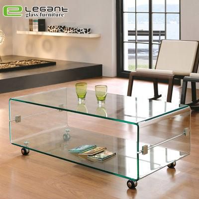 Modern Hot-Bending Glass Coffee Table with Movable Wagon Wheel