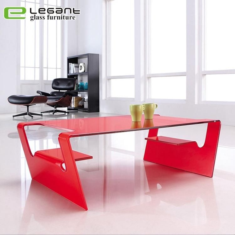 Clear Bent Glass Coffee Table with Grey Wood Veneer Shelf