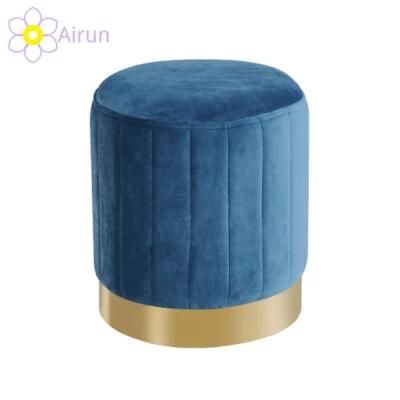 Velvet Round Seated House Ottoman with Gold Stainless Steel Base Stool