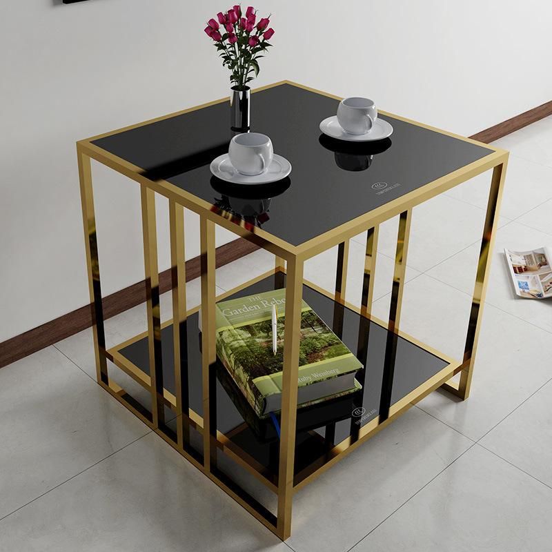 Black Tempered Glass Table Top Gold Leg End Side Table