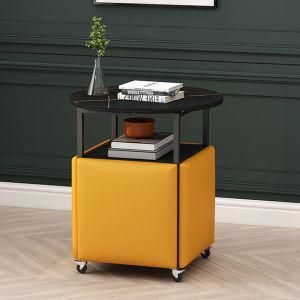Marble Round Coffee Table Frame Leather Surface Stools Magic Cube Tea Table Wooden Tabletop Metal White with Four Yellow Modern