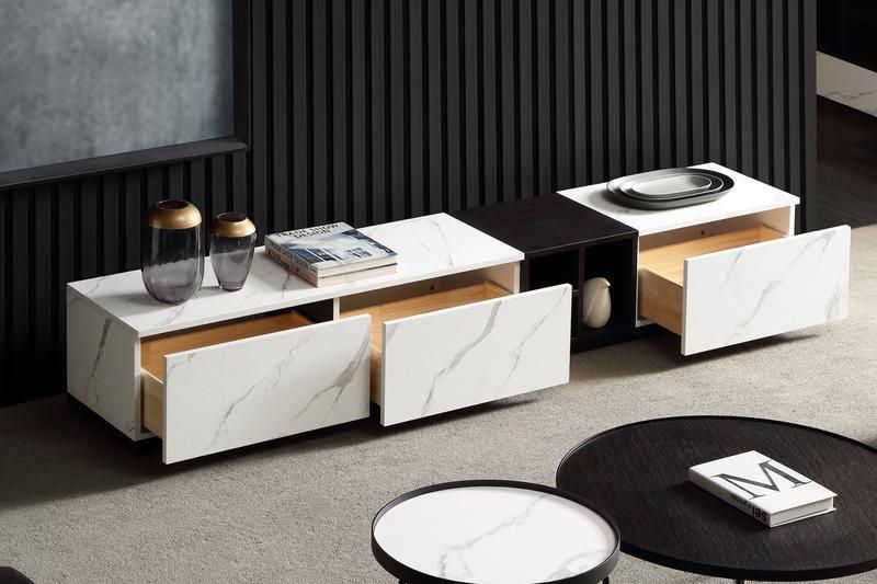 Modern White and Black Marble Pattern Melamine Board and Solid Wood TV Table