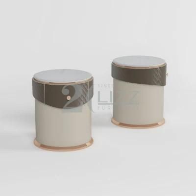 Italian Modern Design Artificial Home Bedroom Furniture Luxury Geniue Leather Night Stand with Marble Top