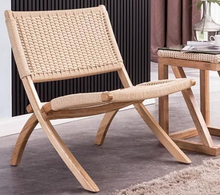 Reclining chair with rubber wood frame and hemp rope