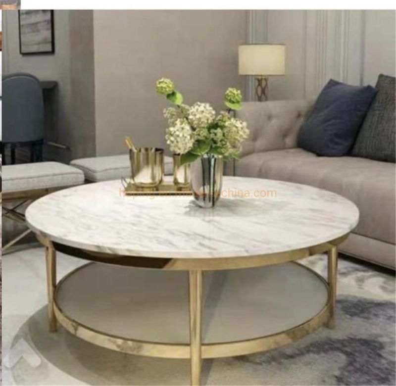 Modern Stainless Steel Metal Coffee Table Set Italian Round White Marble Top Hotel Center Table