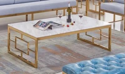 Nordic Style Luxury Rectangular Shape Marble Top Metal Golden Base Coffee Table
