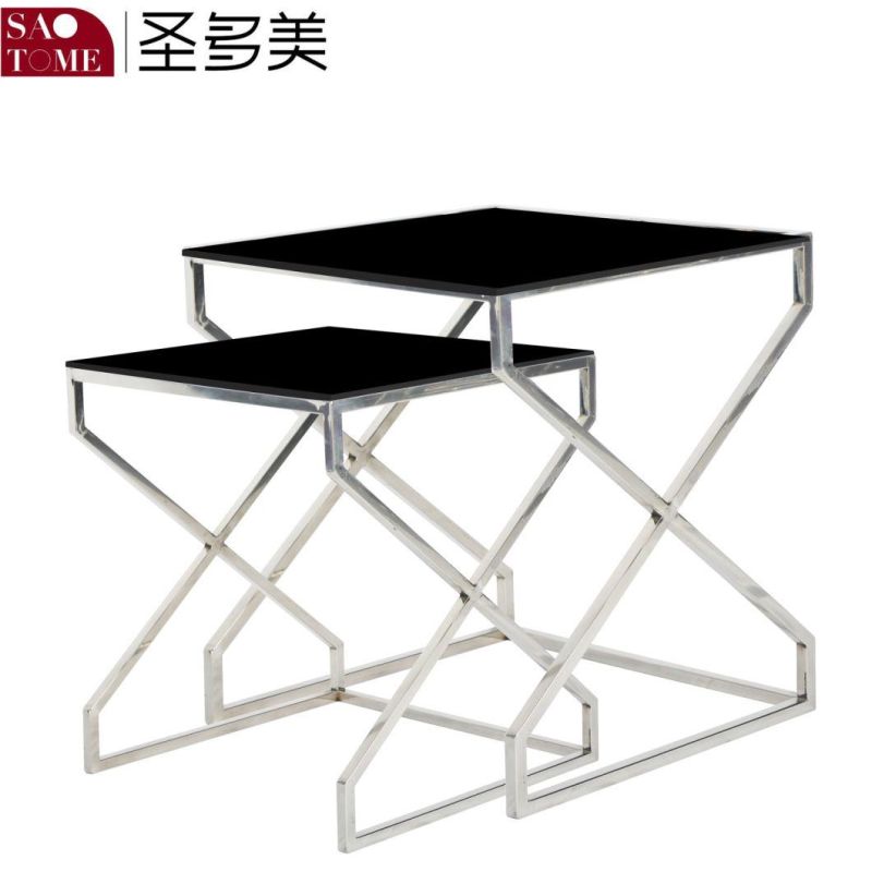 Living Room Furniture Stainless Steel Black Glass Surface Retractable Half Round Nest Table