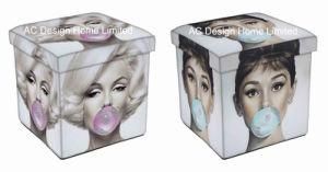 Antique Vintage Marilyn Monroe and Cole Hairpin Design Square Cube PU Leather and Wooden Folding Storage Seat Ottoman Stool