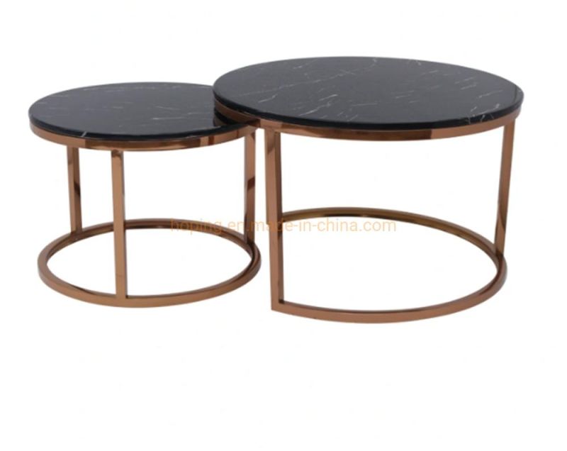 Modern Stainless Steel Metal Coffee Table Set Italian Round White Marble Top Hotel Center Table